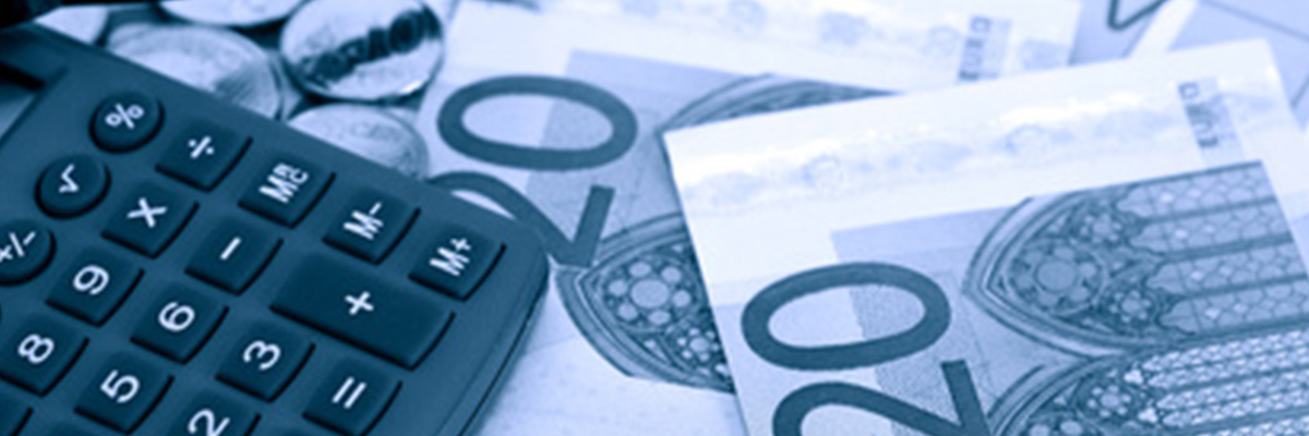 Profit concept. Eyeglasses and calculator on euro currency background with business chart